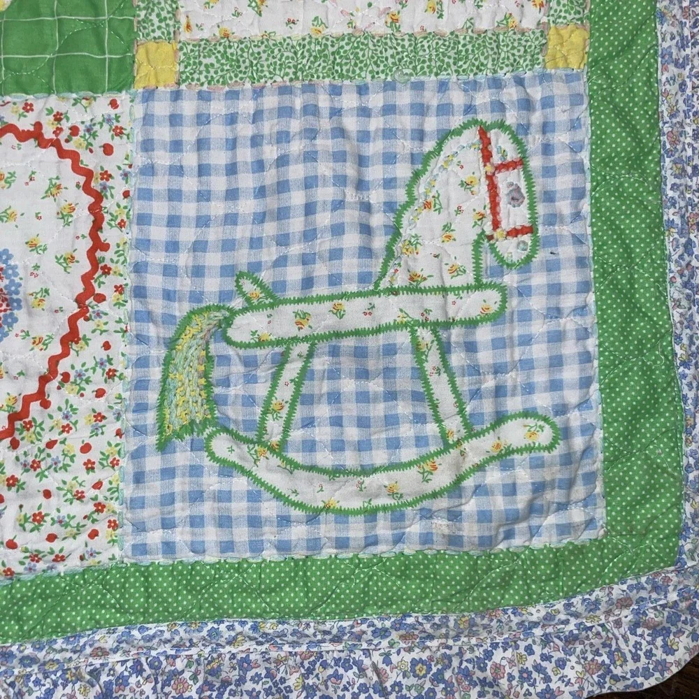 Vintage Baby Blanket Quilt‎ Thats Our Baby Handmade 37 x 47 Inches Ruffle Trim